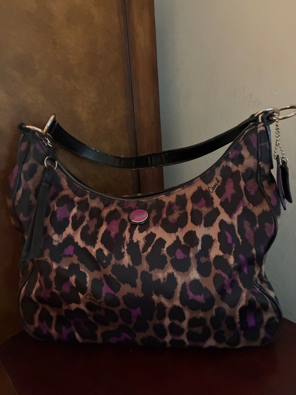 Coach Brown and Purple Leopard-Print Satchel